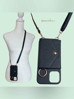 Black Crossbody Phone Case Wallet with Strap. Fits iPhone 12 / 12 Pro.